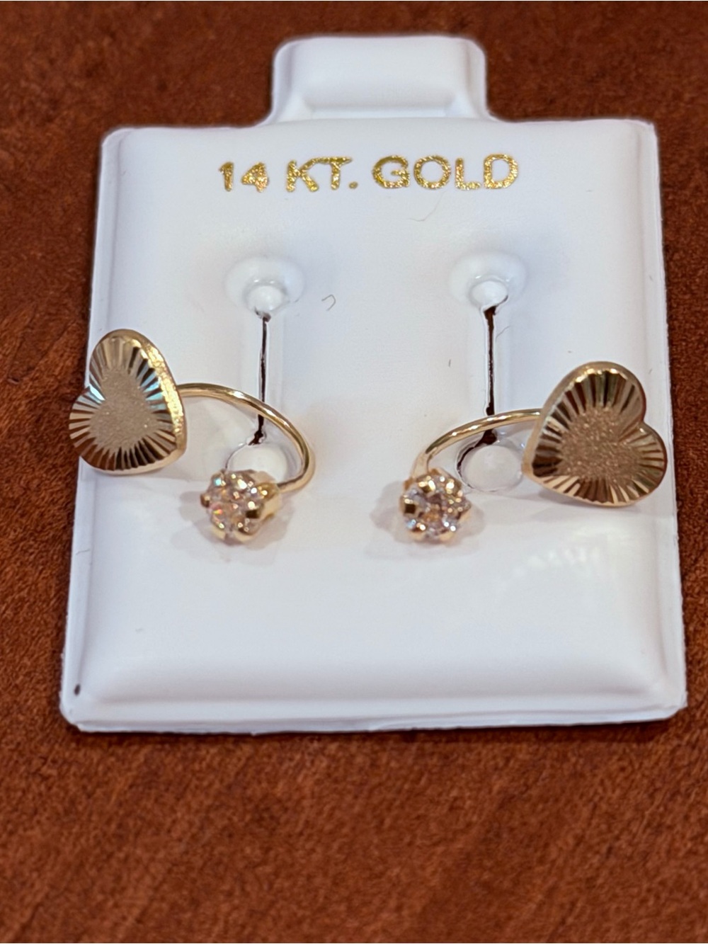 Solid Gold 14 Karat Heart Yellow Telephone hCz Stud Earring with Screw back
